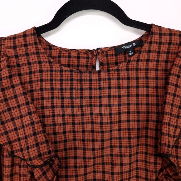 Madewell Ruffle-Front Top in Plaid Size Medium Warren Check Rust Long Sleeve - Picture 12 of 16
